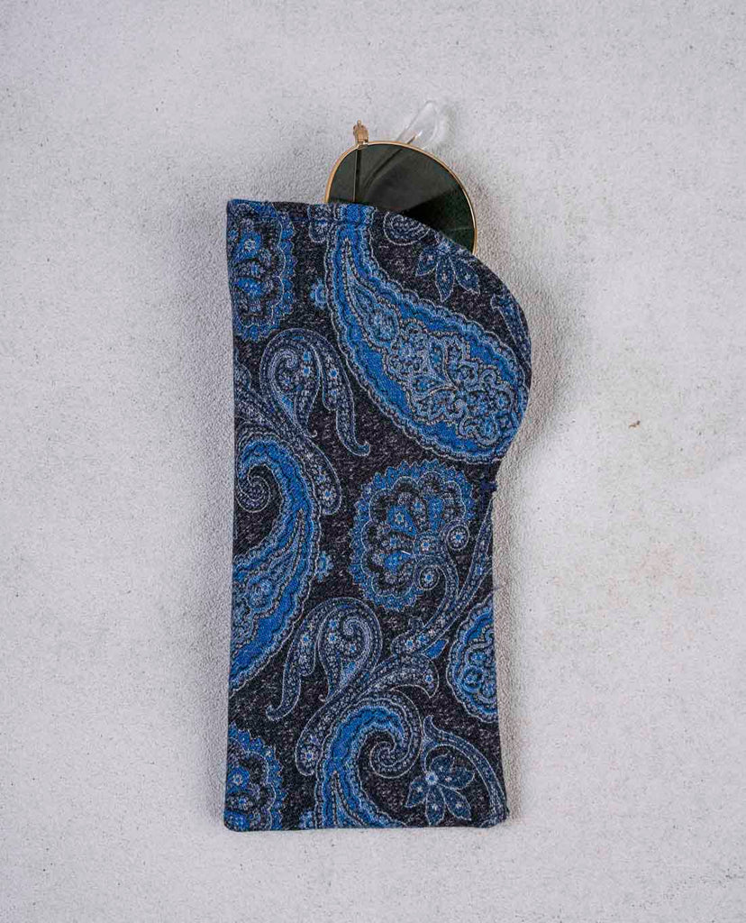 blue printed paisley wool eyewear case made with silk lining for man paolo albizzati