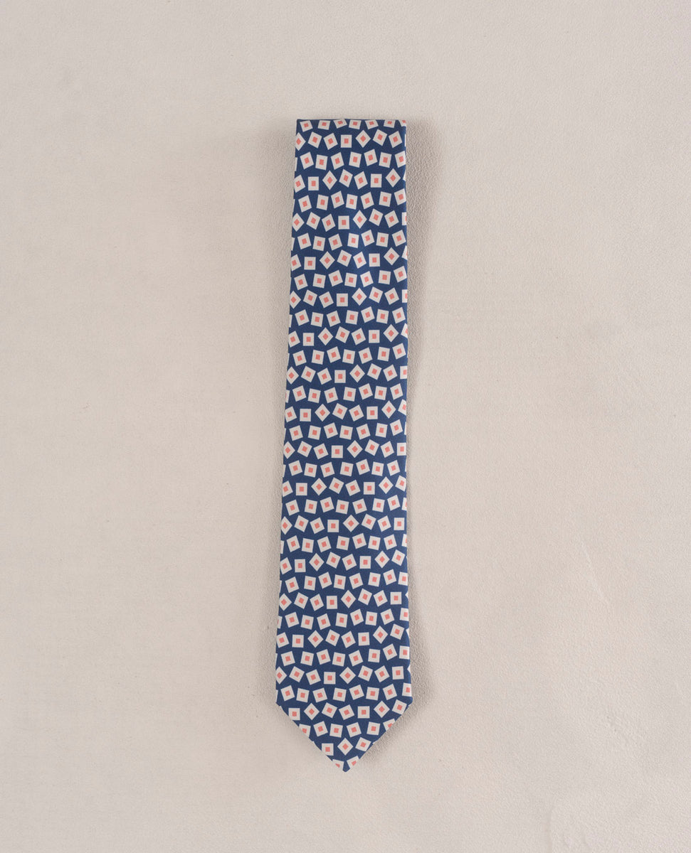 Beige micro patterned red and light blue silk twill tie