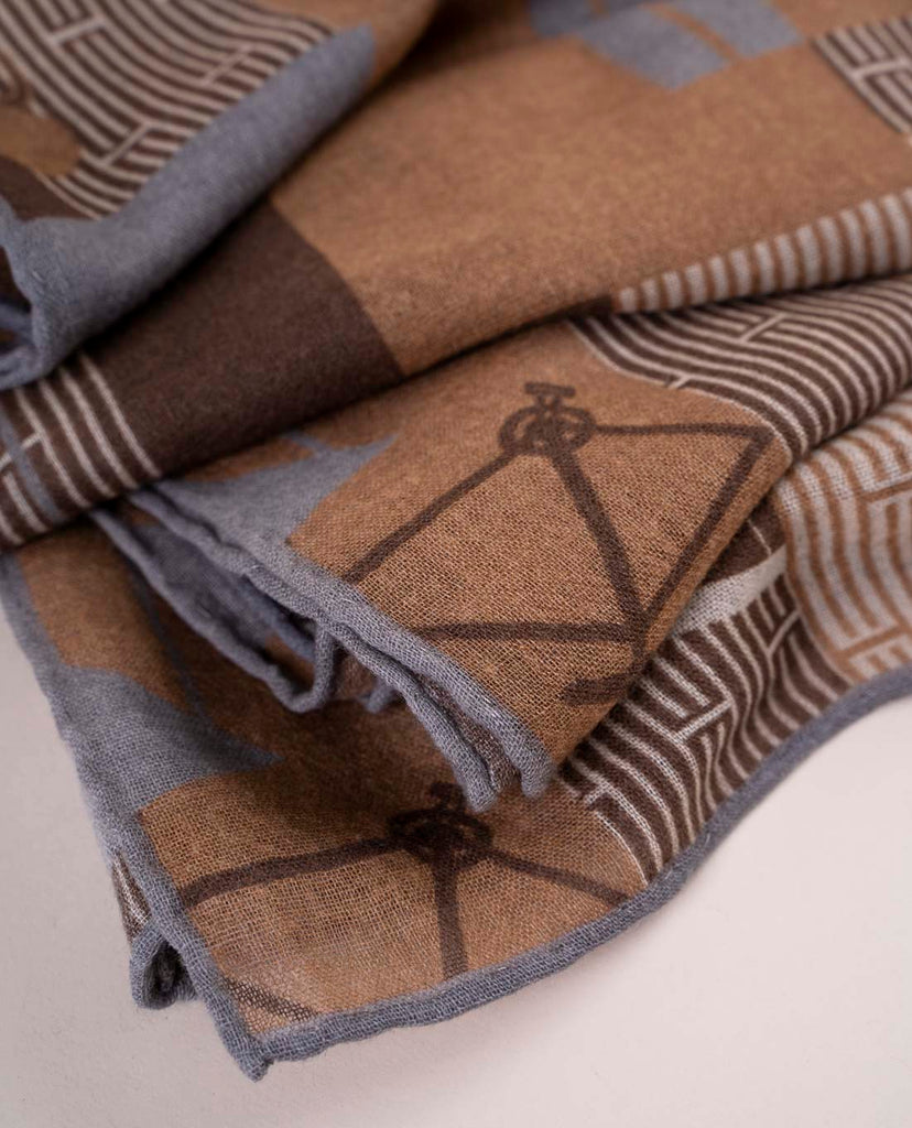 beige and brown soft wool scarf with printed bike for man paolo albizzati