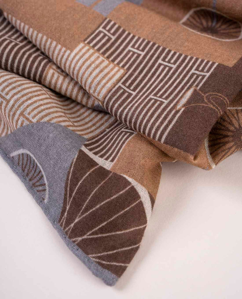 beige and brown soft wool scarf with printed bike for man paolo albizzati