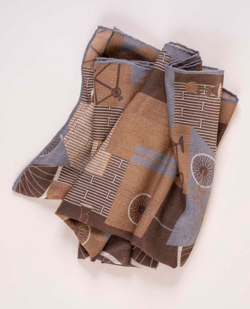 beige and brown soft wool scarf with printed bike for man paolo albizzati