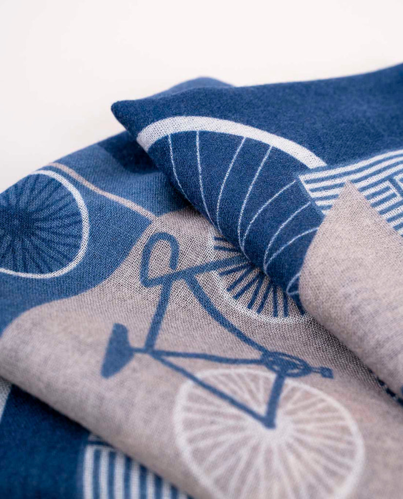blue and grey soft wool scarf with printed bike for man paolo albizzati