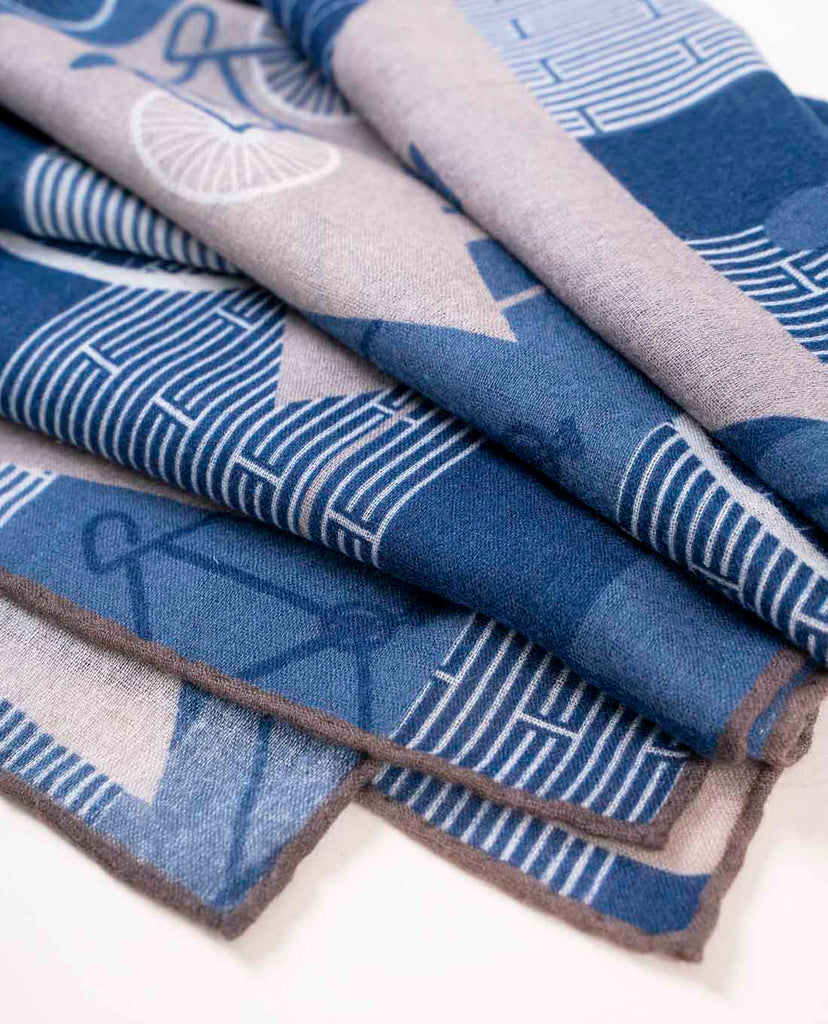 blue and grey soft wool scarf with printed bike for man paolo albizzati