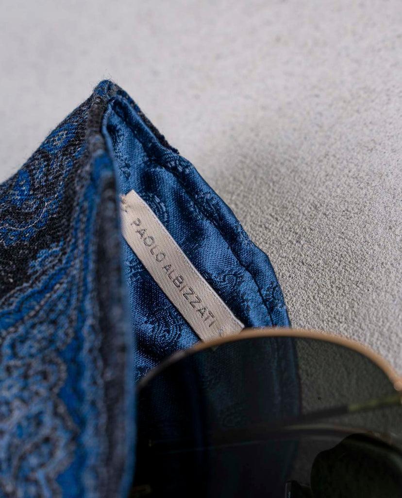 blue printed paisley wool eyewear case made with silk lining for man paolo albizzati