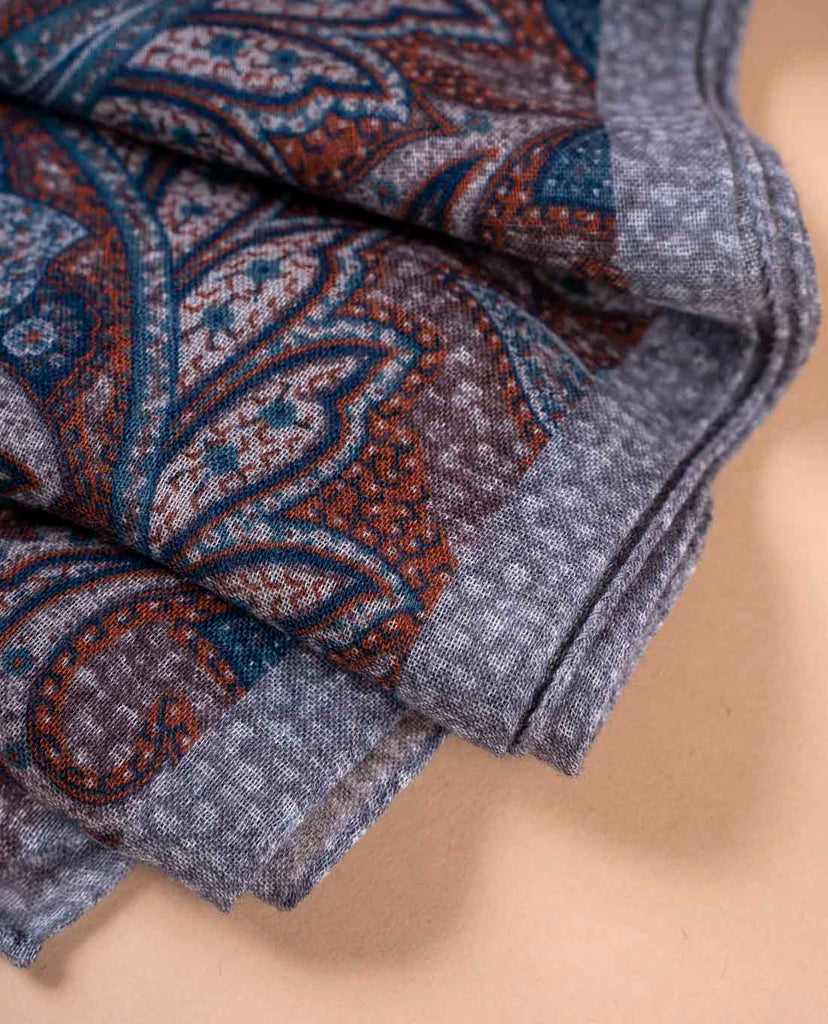 brown and bordeaux paisley print soft wool scarf for man paolo albizzati