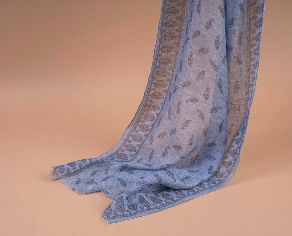denim blue paisley linen scarf paolo albizzati 