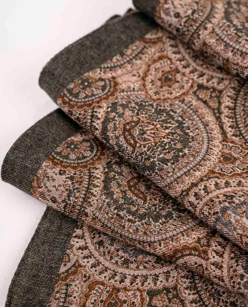 green and beige paisley wool printed scarf for man paolo albizzati