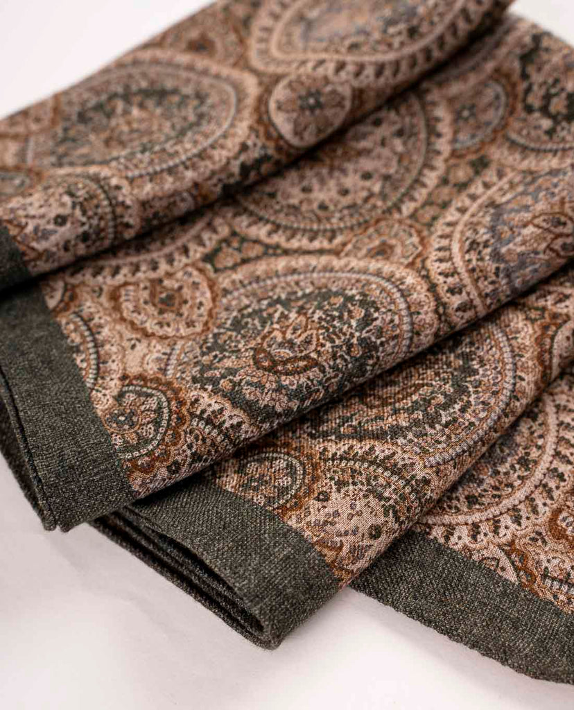 green and beige paisley wool printed scarf for man paolo albizzati