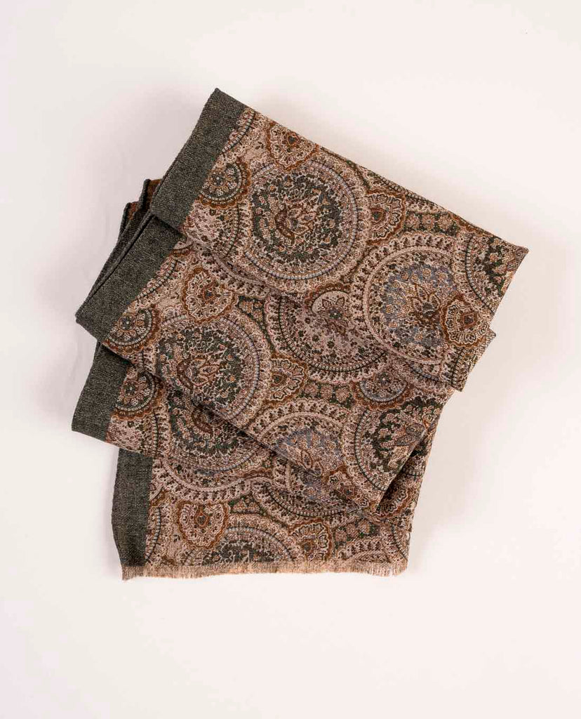 green and beige paisley wool printed scarf for man paolo albizzati