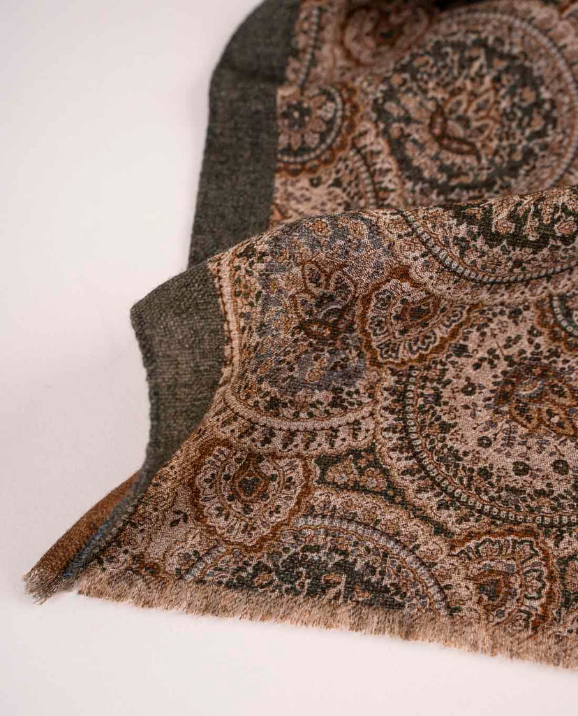 green and beige paisley wool printed scarf for man paolo albizzati