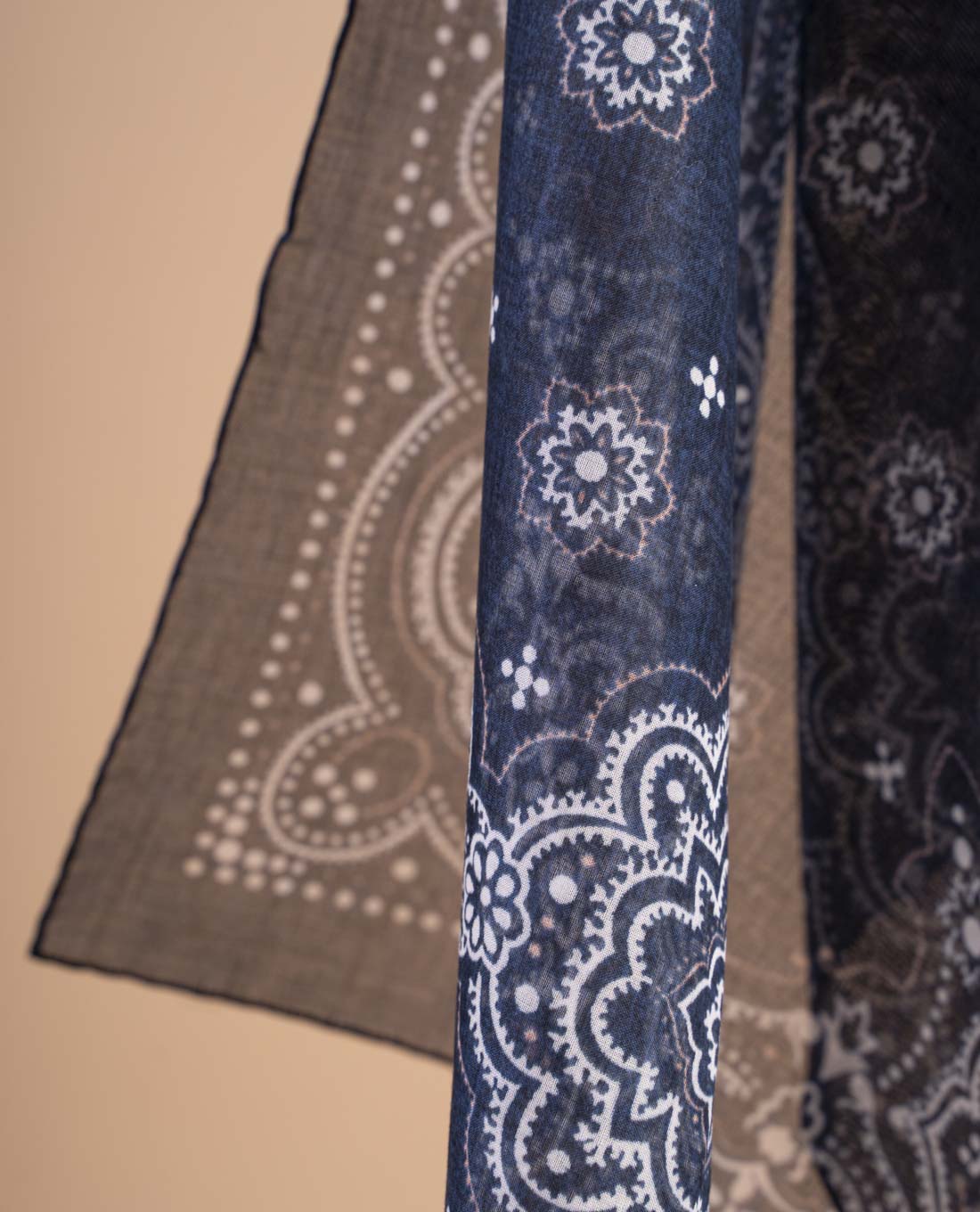 Sciarpa Bandana In Cotone Fatta A Mano – Stampa A Blocchi Paisley, Beige, 53x53cm, India - Foto 3