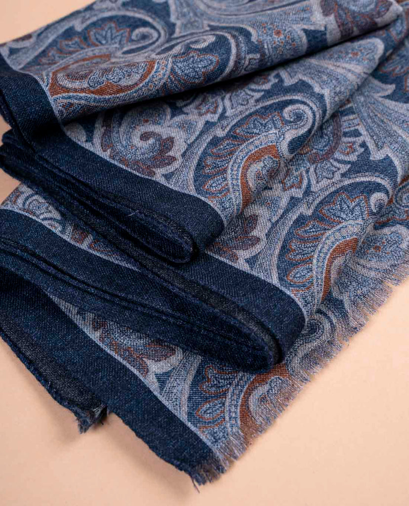 navy blue paisley wool printed scarf for man paolo albizzati