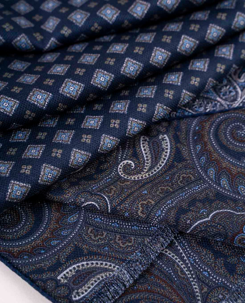 navy blue printed medallion silk reversible scarf for man paolo albizzati