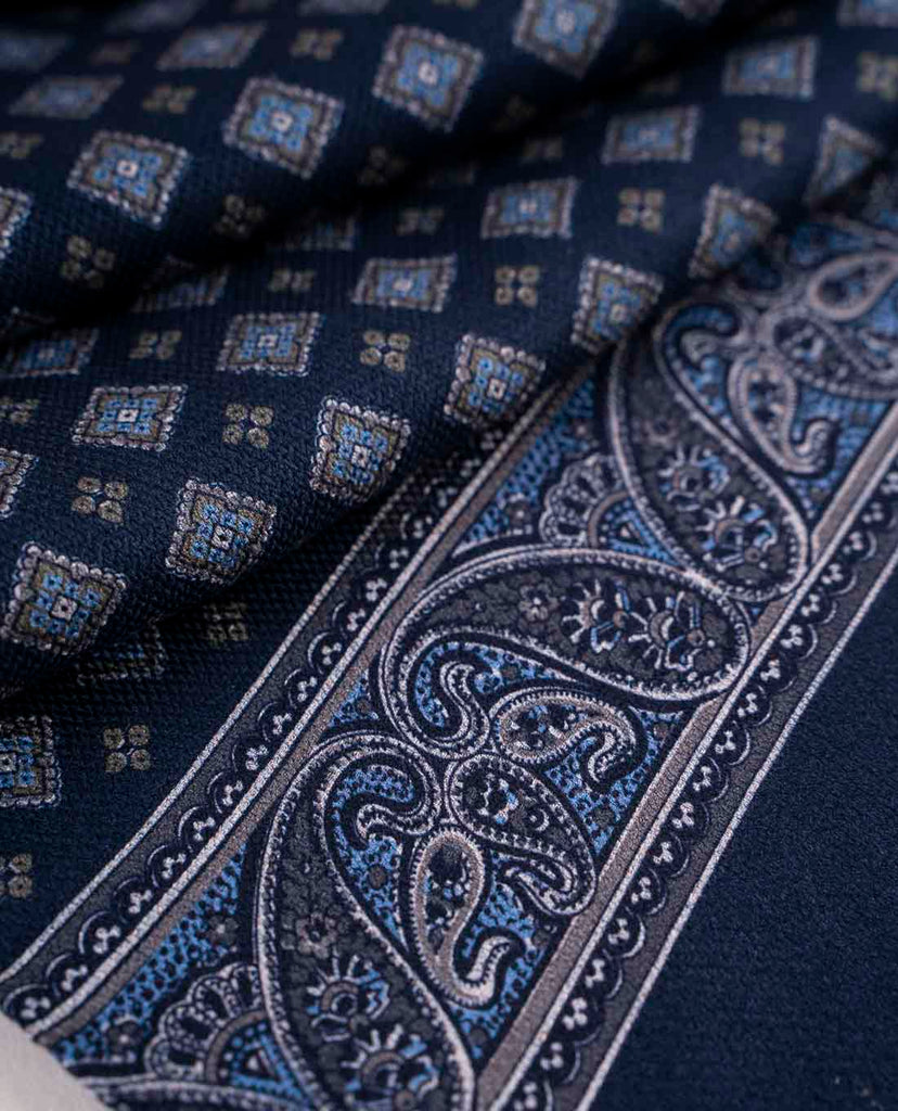 navy blue printed medallion silk reversible scarf for man paolo albizzati