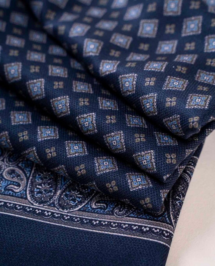 navy blue printed medallion silk reversible scarf for man paolo albizzati