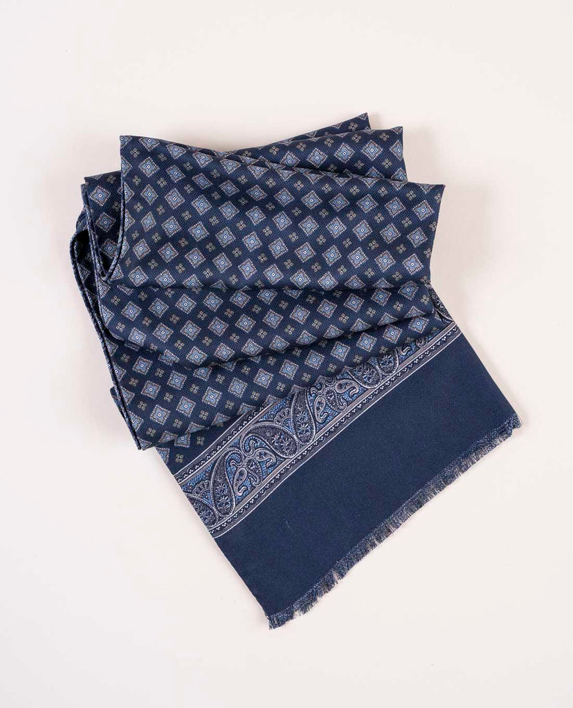 navy blue printed medallion silk reversible scarf for man paolo albizzati