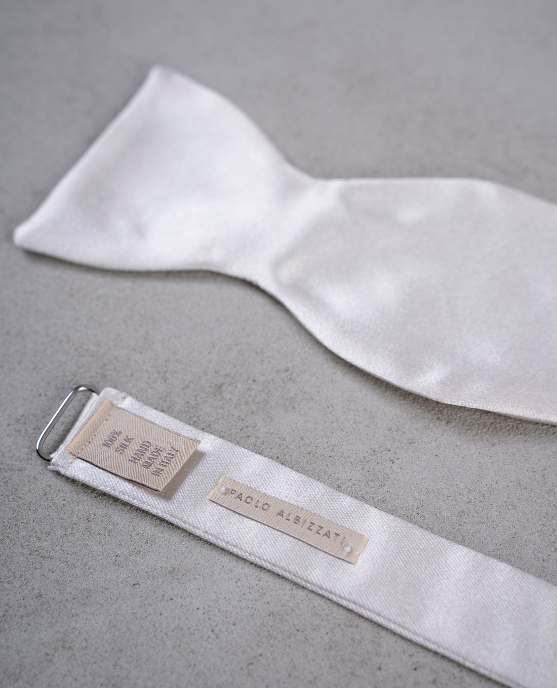 white silk self tie bow tie